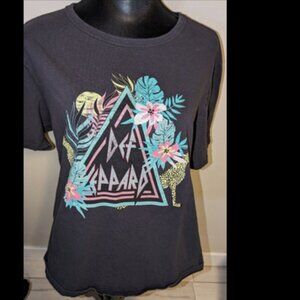 Def Leppard Women Top L Black Top Logo Floral Leopard Graphic Rock Band Tee